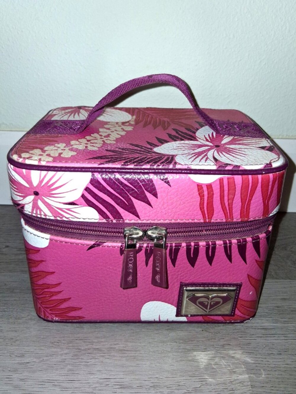 Vintage Y2k Roxy Pink Tropical Hisbiscus Flower Large Hard Makeup Bag Train Case